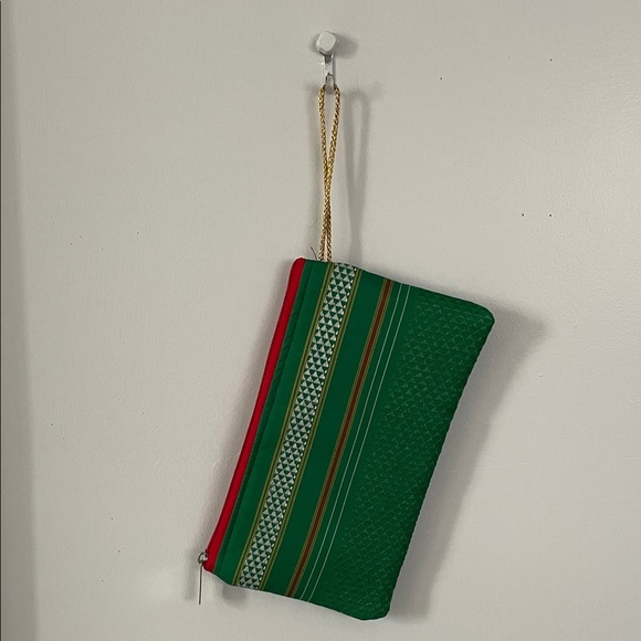 Handbags - Indian Irkal Green Striped Clutch with Red Accents